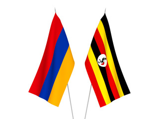 National fabric flags of Uganda and Armenia isolated on white background. 3d rendering illustration.