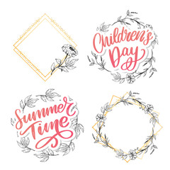 happy children's day, cute vector greeting card with funny letters in scandinavian style and cartoon landscape