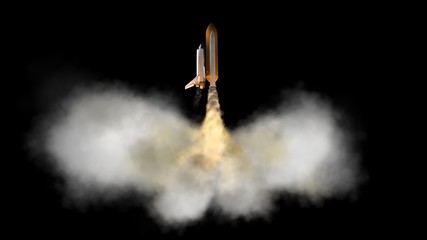 Launch of space shuttle atlantis 3D render isolated on black background.	