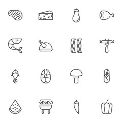Barbecue food line icons set, outline vector symbol collection, linear style pictogram pack. Signs, logo illustration. Set includes icons as bbq grill, beef steak, chicken, sausage, bacon slice, fish