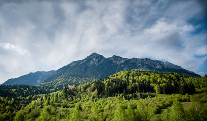 Naklejka premium View of mountain peak with green vegetation at the bottom in the summer