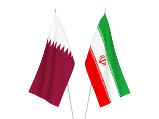 National fabric flags of Iran and Qatar isolated on white background. 3d rendering illustration.
