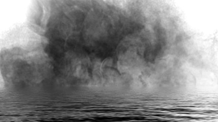 Mystic smoke on the floor. Fog isolated on black background.Reflection on water.
