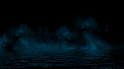 Mystic smoke on the floor. Fog isolated on black background.Reflection on water.
