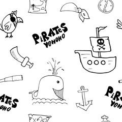 Pirate Doodles Seamless pattern. Cute pirate items sketch. Hand drawn Cartoon Vector illustration