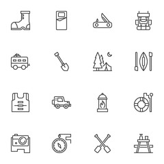Hiking and camping line icons set, vacation trip outline vector symbol collection, linear style pictogram pack. Signs logo illustration. Set includes icons as boot, knife, backpack, trailer, compass