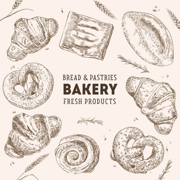 Vintage Bakery illustration. Hand drawn sketch with bread, pastry, sweet. Engraved food image