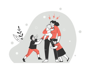 Family annoyance. Irritation and child fatigue of the mother. Cartoon vector illustration.