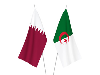 National fabric flags of Algeria and Qatar isolated on white background. 3d rendering illustration.