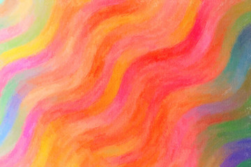 Pink, orange, red and blue waves Wax Crayon abstract paint background.