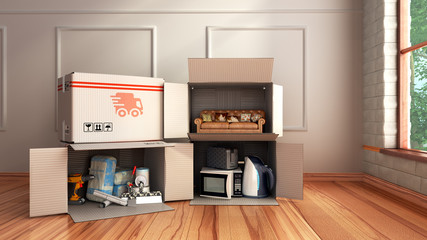 concept of delivery of goods for home repair goods furniture and household appliances in open boxes lying on the wooden floor in the room 3d render image