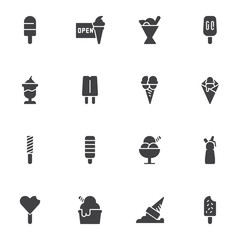 Ice cream shop vector icons set, modern solid symbol collection, filled style pictogram pack. Signs, logo illustration. Set includes icons as popsicle stick, waffle cone ice cream, sundae scoop, syrup