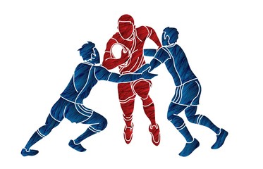 Group of Rugby players action cartoon sport graphic vector.