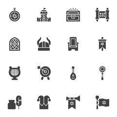 Medieval vector icons set, modern solid symbol collection, filled style pictogram pack. Signs, logo illustration. Set includes icons as Castle Tower, Knight armour, archery aim, throne, treasure chest