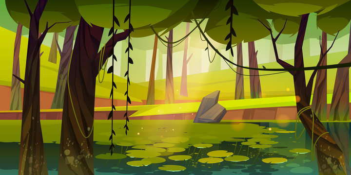 Swamp or lake with water lilies in forest. Nature landscape with marsh in deep wood. Computer game background, fantasy mystic scenery view with wild pond covered with ooze, Cartoon vector illustration