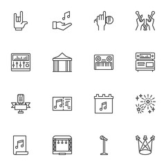 Music party line icons set, outline vector symbol collection, linear style pictogram pack. Signs, logo illustration. Set includes icons as rock music, microphone, dj mixer, fireworks, concert stage