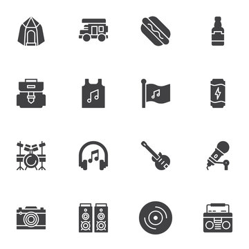 Music festival vector icons set, modern solid symbol collection, filled style pictogram pack. Signs logo illustration. Set includes icons as guitar, drum set, microphone, photo camera, concert speaker