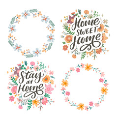 Slogan stay at home safe quarantine pandemic letter text words calligraphy vector illustration