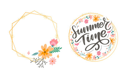 Naklejka premium Green summer time letter flowers in modern style on colorful background. Greeting invitation vector illustration. Floral bouquet decoration. Decoration element.