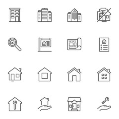 Real estate service line icons set, outline vector symbol collection, linear style pictogram pack. Signs, logo illustration. Set includes icons as apartment house, building blueprint plan, home repair