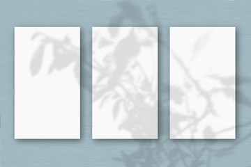 3 vertical sheets of textured white paper on soft gray table background. Mockup overlay with the plant shadows. Natural light casts shadows from an exotic plant. Horizontal orientation