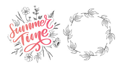 Green summer time letter flowers in modern style on colorful background. Greeting invitation vector illustration. Floral bouquet decoration. Decoration element.