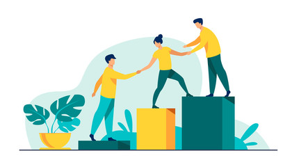 Employees giving hands and helping colleagues to walk upstairs. Team giving support, growing together. Vector illustration for teamwork, mentorship, cooperation concept - obrazy, fototapety, plakaty