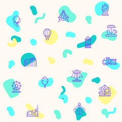 Seamless pattern on the theme of amusement park, playground, rides, roller coaster, merry go round, Bumper cars, ferris wheel more. simple color icons on beige background.