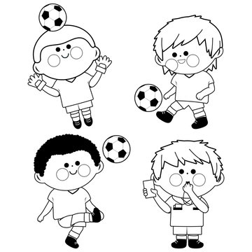 Children soccer players. Vector black and white coloring page