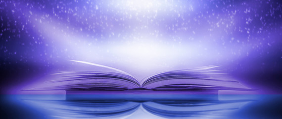 Book in library with old open textbook, stack piles of literature text archive on reading desk, and aisle of bookshelves in school study class room background for academic education learning concept