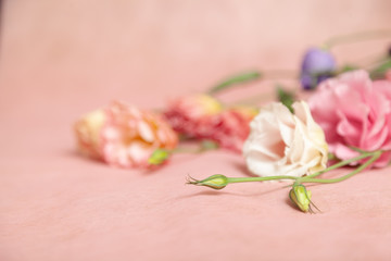 Fototapeta na wymiar Bouquet of eustoma flowers on a delicate pink background