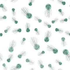 Seamless pattern of a jellyfish. Aqua mint color. Doodle hand-draw illustrations in vector. Design for background, packaging, weddings, fabrics, textiles, wallpaper, website, postcards.