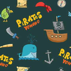 Pirate Doodles Seamless pattern. Cute pirate items sketch. Hand drawn Cartoon Vector illustration