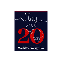 Calendar sheet, vector illustration on the theme of World Metrology Day. May 20. Decorated with a handwritten inscription – MAY and stylized linear meteorological icons.