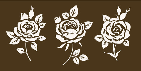 Set of decorative vintage roses silhouette. Beautiful flower icons with leaves and buds. Vector illustration. - obrazy, fototapety, plakaty