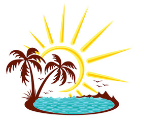 Tropical island symbol with sea, sun and palm trees.