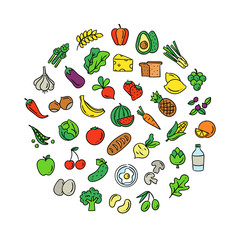 Healthy eating clipart set. Vector fruit and vegetables cute icons round concept. Healthy food, diary products and bread