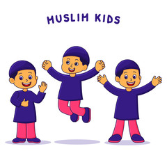 Muslim Kids Cartoon Happy Vector Illustration
