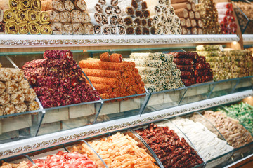 Selling various traditional sweets in Turkey. Storefront or tray in the local market