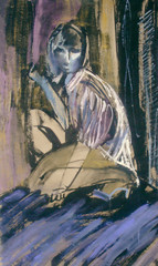 Unique painting, woman sitting and looking down on a striped background
