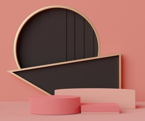 3d abstract minimalist geometric forms. Luxury podium display in  Black Pink coral color theme. Fashion show stage,pedestal, shopfront for display.