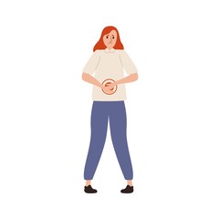 Suffer woman with painful expression having abdominal ache vector flat illustration. Unhappy female feeling stomach pain isolated on white. Sad girl with belly disorder and sickness problem