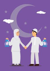 Cartoon muslim couple holding lantern with crescent moon, stars and in background. Ramadan fasting greeting card.