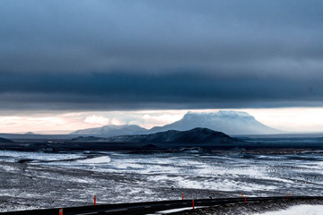 Snowy landscape of the Iceland Haighlands, a cold and uninhabited desert in the center of the...