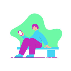Flat, modern illustration of a woman sitting on the bench.