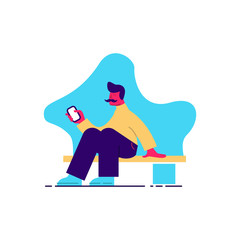 Flat, modern illustration of a man sitting on the bench.
