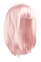 Subject shot of a lustrous pale pink wig with bangs. The shoulder-long wig is isolated on the white background. 