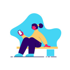 Flat, modern illustration of a woman sitting on the bench.