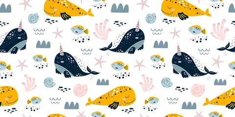 Photo sur Plexiglas Animaux marins Douces baleines. Modèle de mer bébé sans couture. Enfants d& 39 illustration de baleine. Garçons, filles motif nautique Imprimé mignon d& 39 animaux marins