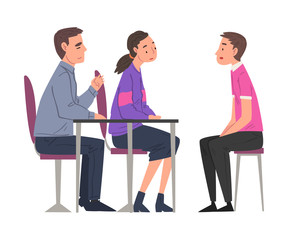 Fototapeta premium HR Managers Talking with Candidates, Young Man and Woman Having Job Interview, Business Meeting, Recruitment and Employment Process Vector Illustration